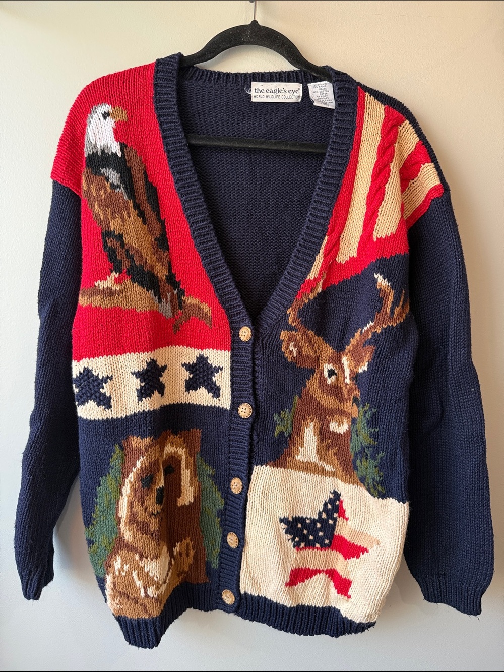 Eagle's Eye Wildlife Collection Navy Red deer eagle bear Cardigan Sweater 90’s